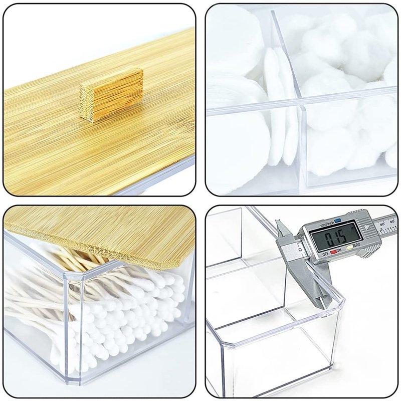 IWNTWY Qtip Holder Dispenser With Wood Lid 3 Compartment Acrylic Bathroom Organizer For Cotton Swab Cotton Pad