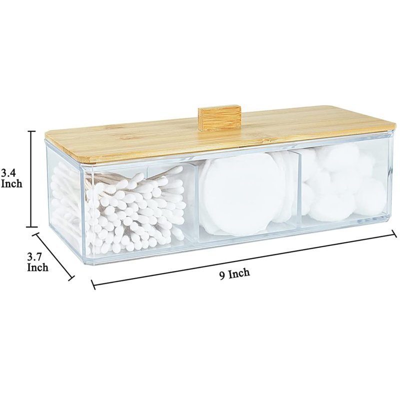 IWNTWY Qtip Holder Dispenser With Wood Lid 3 Compartment Acrylic Bathroom Organizer For Cotton Swab Cotton Pad