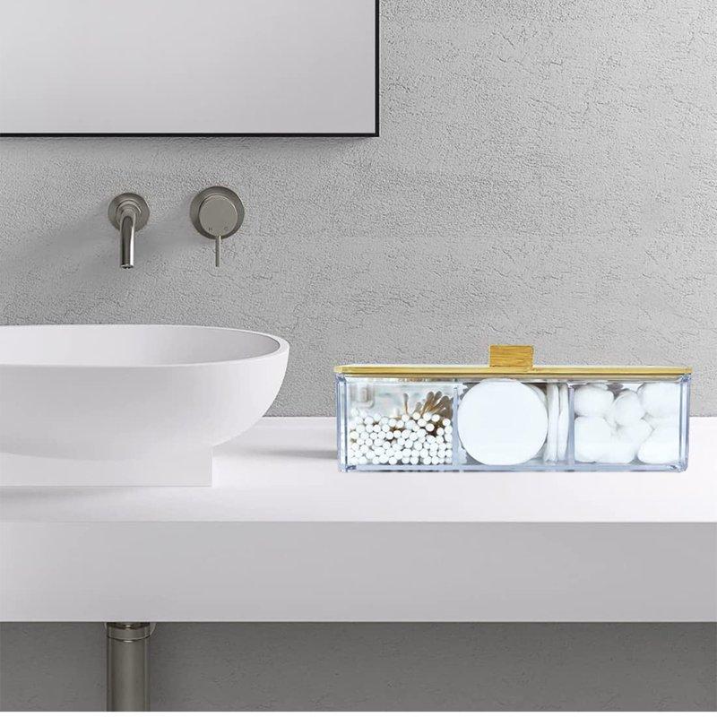 IWNTWY Qtip Holder Dispenser With Wood Lid 3 Compartment Acrylic Bathroom Organizer For Cotton Swab Cotton Pad