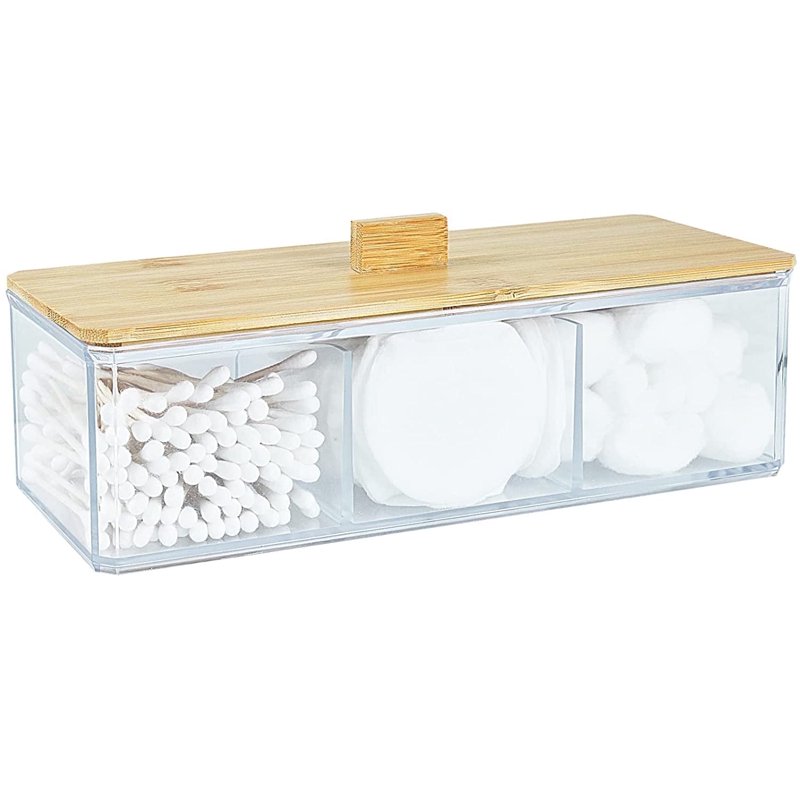 IWNTWY Qtip Holder Dispenser with Wood Lid 3 Compartment Acrylic Bathroom Organizer for Cotton Swab Cotton Pad