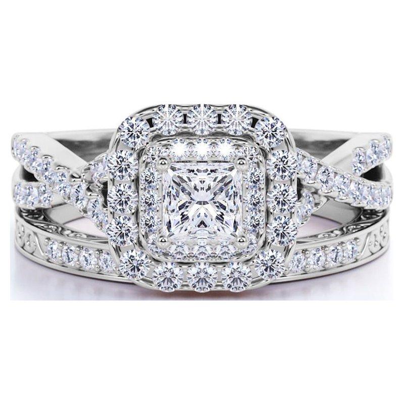 JeenMata 1.25 Ct - Square Moissanite - Double Halo - Twisted Band - Vintage Inspired - Pave - Wedding Ring Set In 18K White Gold Plated For Women
