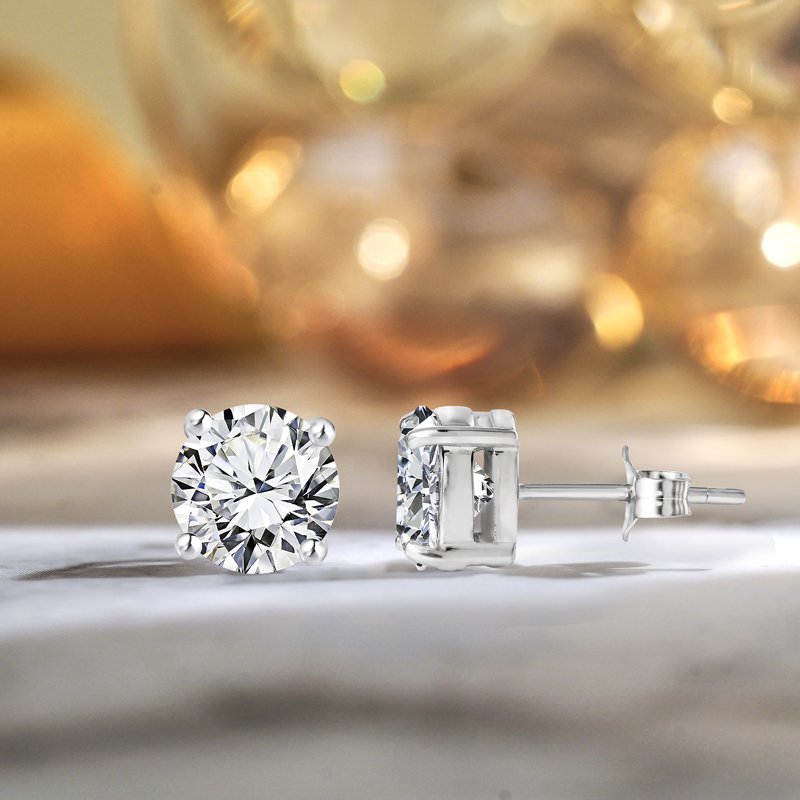 JeenMata 4 Prong 2 Carat Round Shaped Moissanite Solitaire Stud Earrings In 18k White Gold Plating For Women