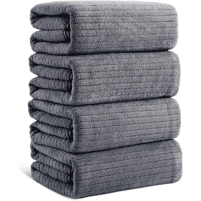 Jessy Home 4 Pack Dark Gray Stripe Large Bath Towels Set Oversized Microfiber Bath Sheet Soft Towel Set