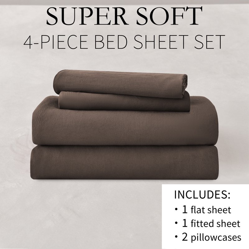 Jessy Home Bed Sheets Set 4 Piece Queen/Full Sheet Set Brown Gray Cotton Blend Fitted Sheet Flat Sheet & 2 Pillowcases Bedding Set