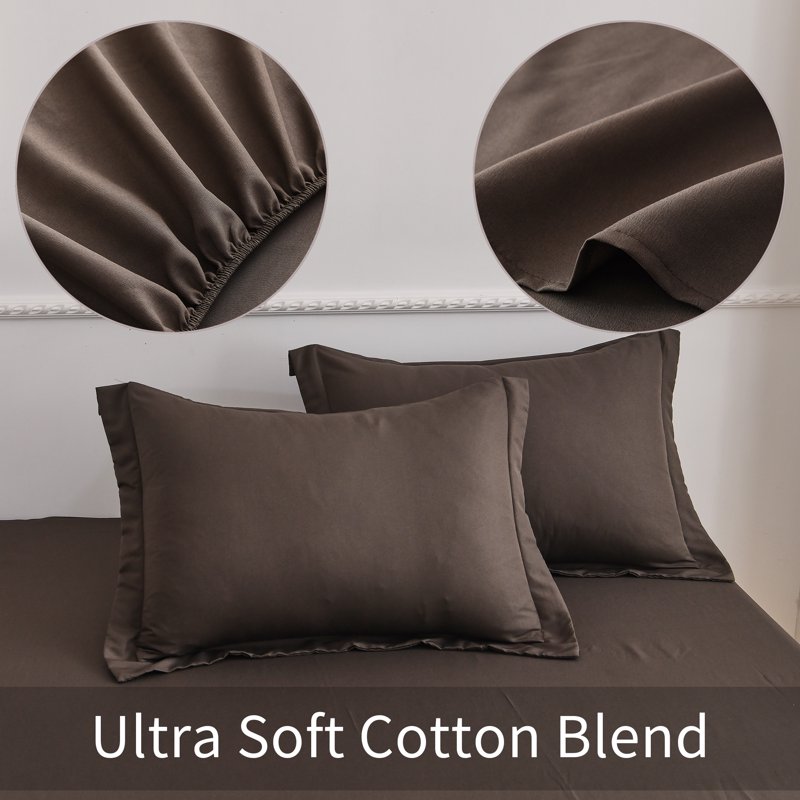 Jessy Home Bed Sheets Set 4 Piece Queen/Full Sheet Set Brown Gray Cotton Blend Fitted Sheet Flat Sheet & 2 Pillowcases Bedding Set