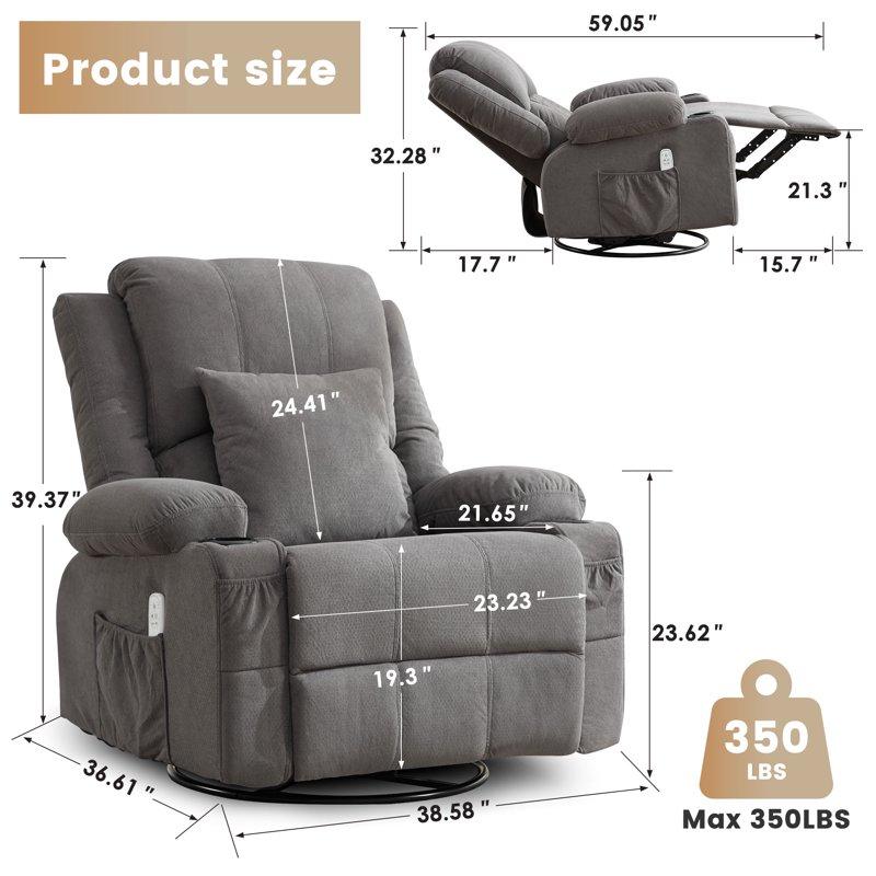 JONPONY Kneading Massage Rocker Recliner Chair With 4-Point 3D Kneading Massage And Heat Ergonomic Lounge Chair For Living Room With Rocking Function And 2 Cup Holders USB Charge Port Gray