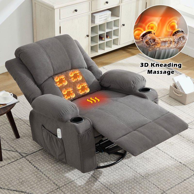 JONPONY Kneading Massage Rocker Recliner Chair with 4-Point 3D Kneading Massage and Heat Ergonomic Lounge Chair for Living Room with Rocking Function and 2 Cup Holders USB Charge Port Gray