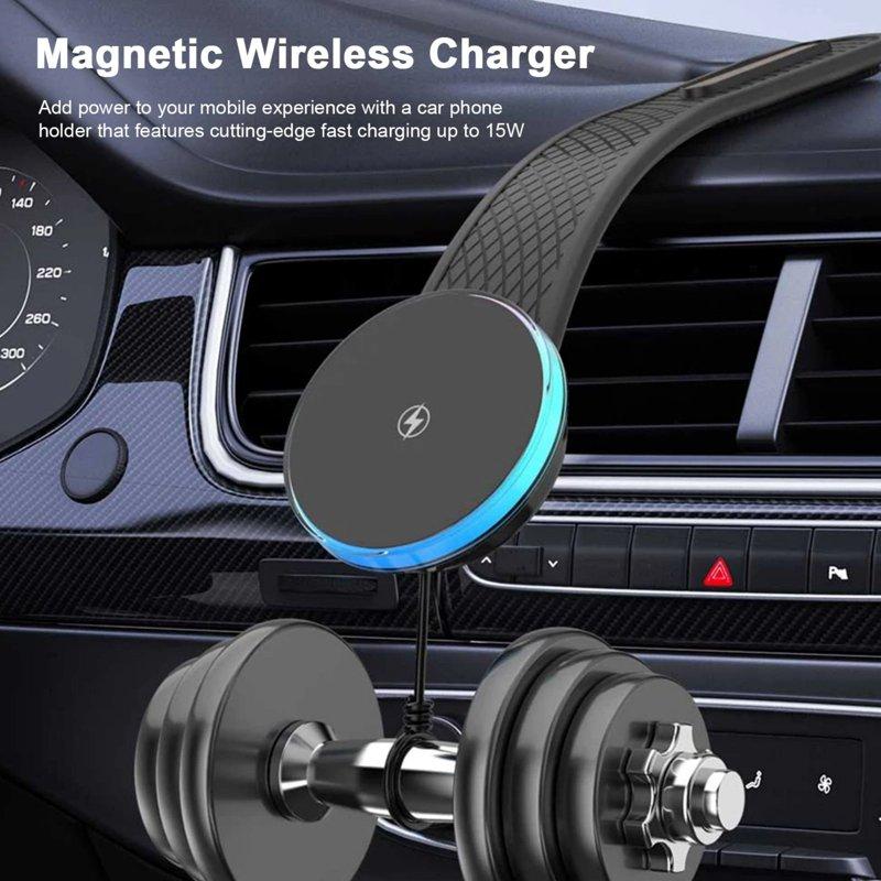 Jous 15W Only For IPhone MagSafe Car Mount Charger 360% Adjustable Aluminum Alloy Arm Relocatable Car Phone Holder Magnetic Wireless Fast Charging Cell Phone Holder For All Car Models Black