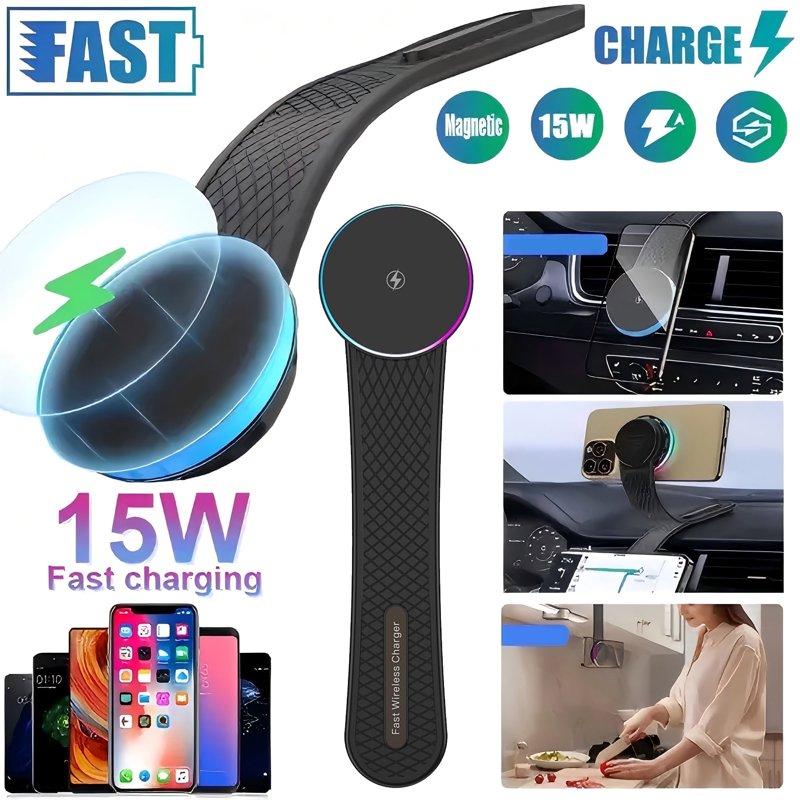 Jous 15W Only for iPhone MagSafe Car Mount Charger 360% Adjustable Aluminum Alloy Arm Relocatable Car Phone Holder Magnetic Wireless Fast Charging Cell Phone Holder for All Car Models Black