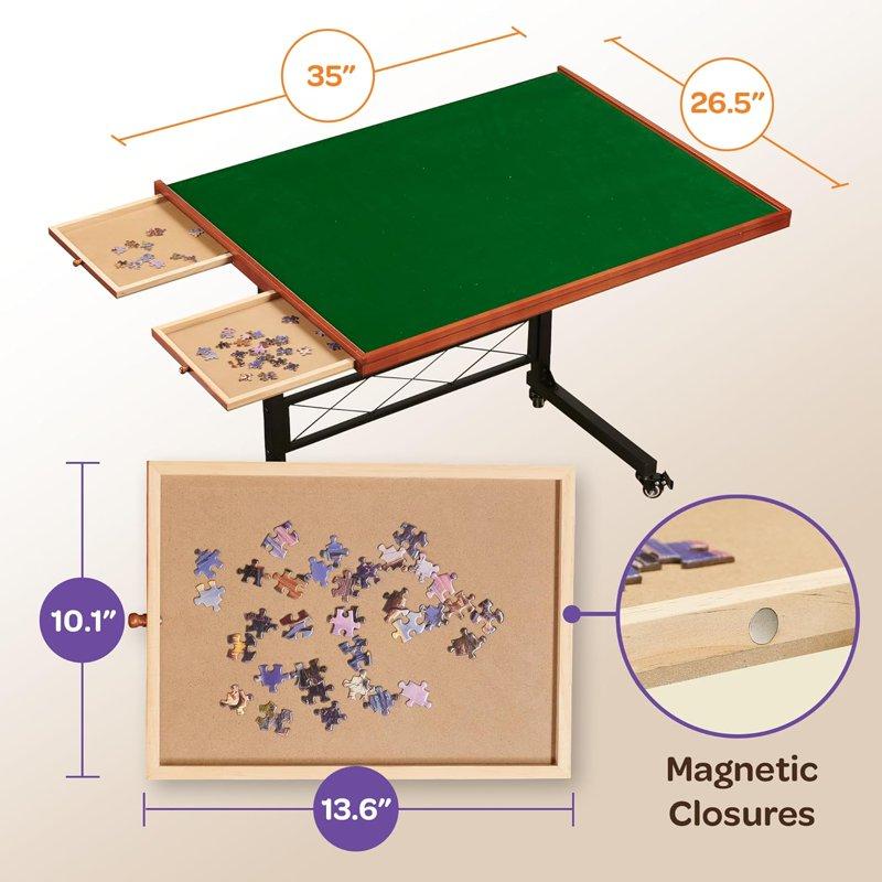 JoyBerri Jigsaw Puzzle Table With Drawers – Adjustable Puzzle Board For 1500 Pieces Portable Puzzle Table With Legs Wheels & Bonus 1000 Puzzles - Green