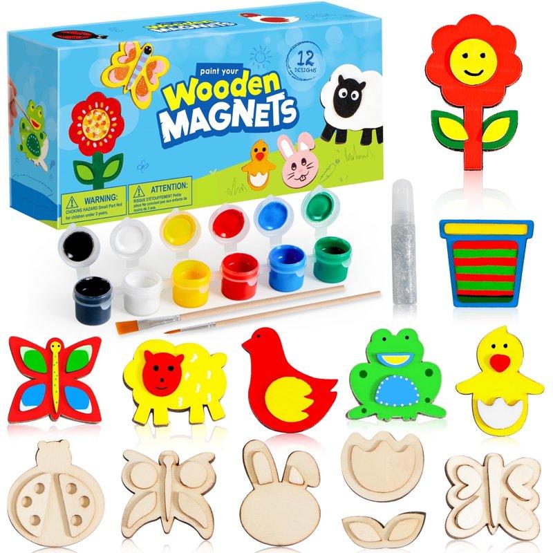 Joyfy 12-Piece Wooden Magnet Painting Art & Craft Kits for Kids Wood Craft Kits for Toddlers Party Favors for Easter