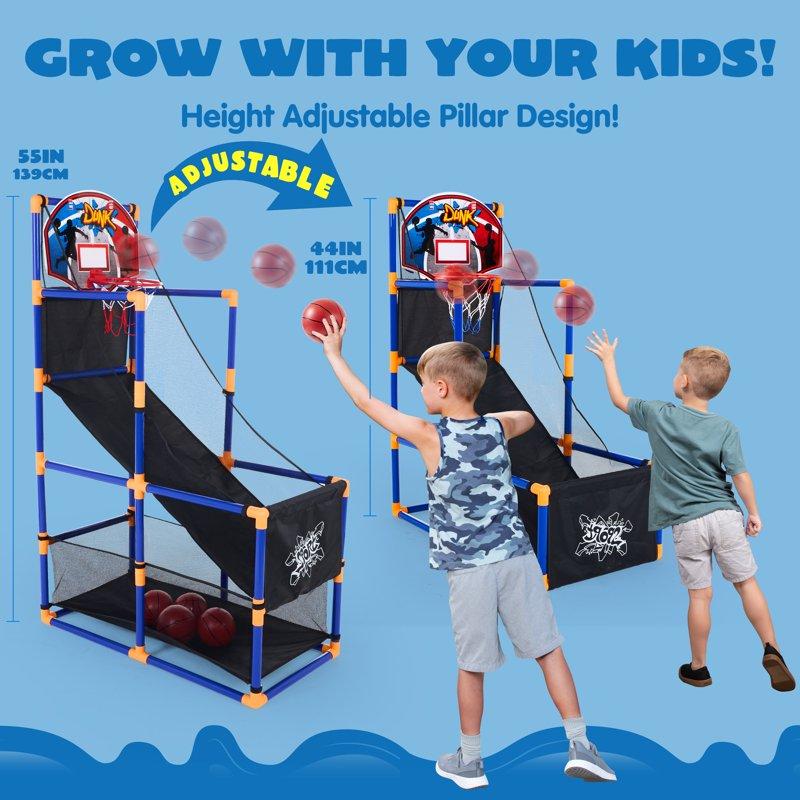 Joyfy Arcade Basketball Game For Kids Adjustable Height 44"-55"Indoor Basketball Hoop Set With 4 Balls Gift Toy For Boys Ages 3-12 Blue