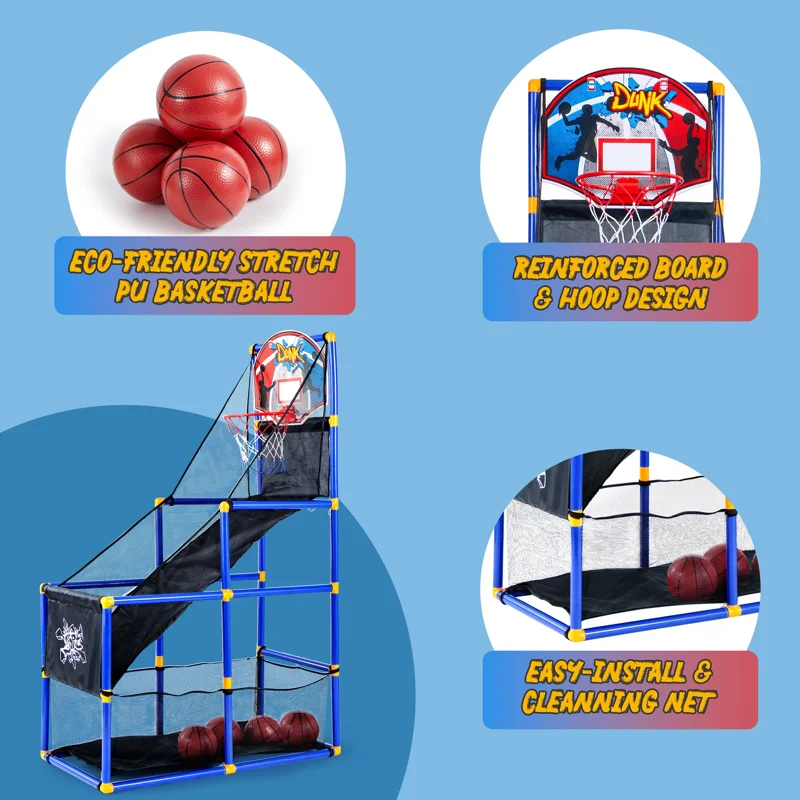 Joyfy Arcade Basketball Game For Kids Adjustable Height 44"-55"Indoor Basketball Hoop Set With 4 Balls Gift Toy For Boys Ages 3-12 Blue