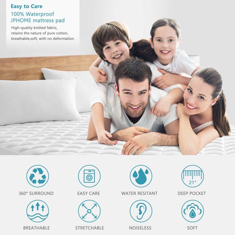 JPHOME Queen Size Quilted Fitted Mattress Pad Cover 100% Waterproof Mattress Protector Deep Pocket Fitted 8" - 21" Breathable & Noiseless Soft And Comfortable (60" X 80" White)