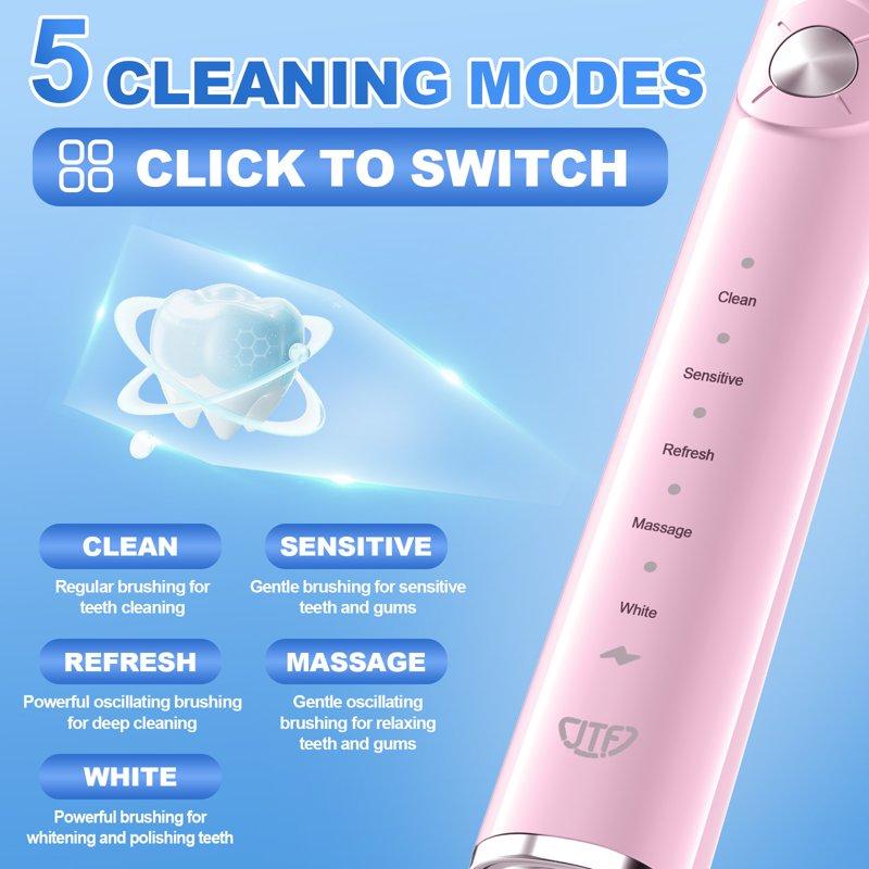 JTF Sonic Electric Toothbrush For Adults And Kids With Travel Case And 6 Brush Heads 5 Modes 40000 VPM Rechargeable Power Toothbrush With Wireless Charger IPX7 Waterproof 60-Day Battery Life Pink