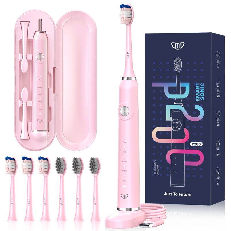JTF Sonic Electric Toothbrush for Adults and Kids with Travel Case and 6 Brush Heads 5 Modes 40000 VPM Rechargeable Power Toothbrush with Wireless Charger IPX7 Waterproof 60-Day Battery Life Pink