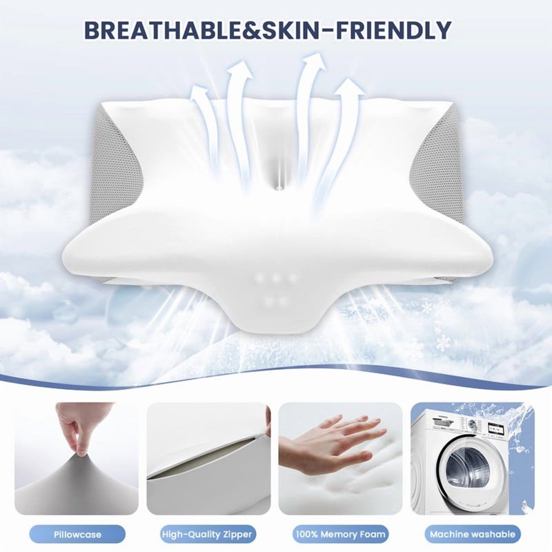 JUSTLET Cervical Neck Memory Foam Pillow For Neck And Shoulder Pain Relief Orthopedic Contour Support Pillow With Cooling Pillowcase For Side Back Stomach Sleepers White+Grey
