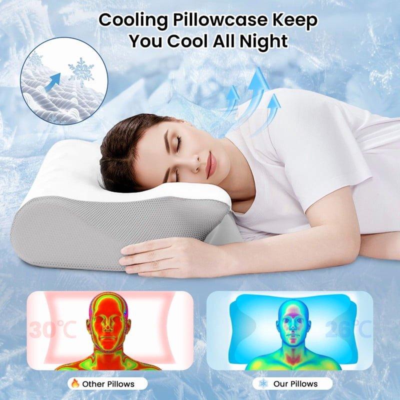 JUSTLET Cervical Neck Memory Foam Pillow For Neck And Shoulder Pain Relief Orthopedic Contour Support Pillow With Cooling Pillowcase For Side Back Stomach Sleepers White+Grey