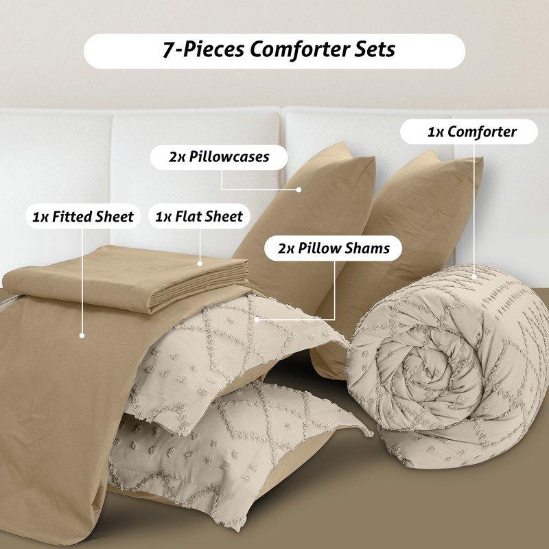 JUSTLET Comforter Set 7 Pieces Bed In A Bag Beige Reversible Tufted Bedding Set With Comforter Fitted Sheet Flat Sheet Pillow Shams Pillowcases Queen