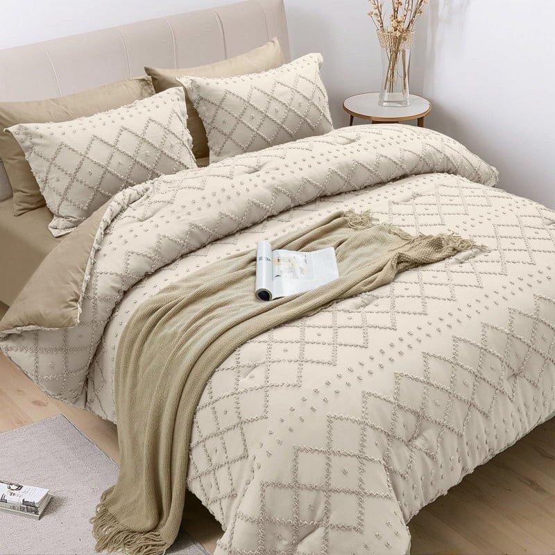 JUSTLET Comforter Set 7 Pieces Bed in a Bag Beige Reversible Tufted Bedding Set with Comforter Fitted Sheet Flat Sheet Pillow Shams Pillowcases Queen