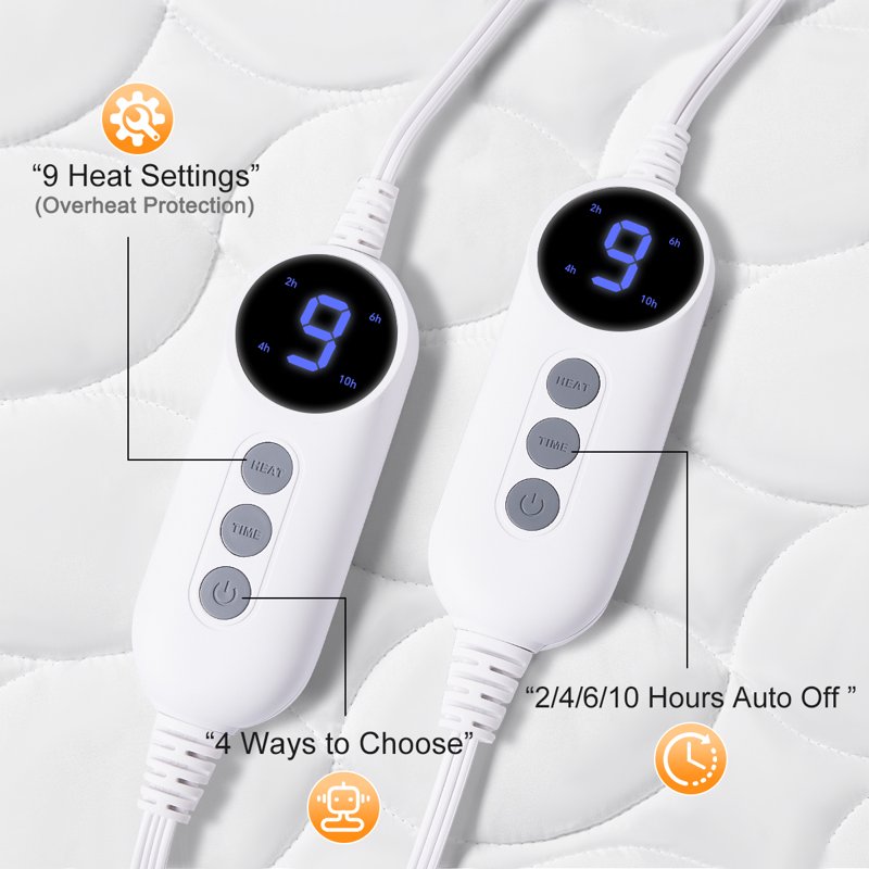 JUSTLET Heated Mattress Pad Queen Size With Dual Control 9 Heated Settings Zone Heating Electric Mattress Pad Auto Shut Off 2-10 Hours Machine Washable White