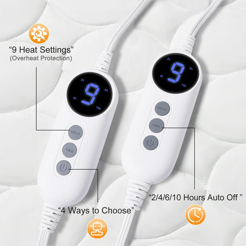 JUSTLET Heated Mattress Pad Queen Size With Dual Control 9 Heated Settings Zone Heating Electric Mattress Pad Auto Shut Off 2-10 Hours Machine Washable White