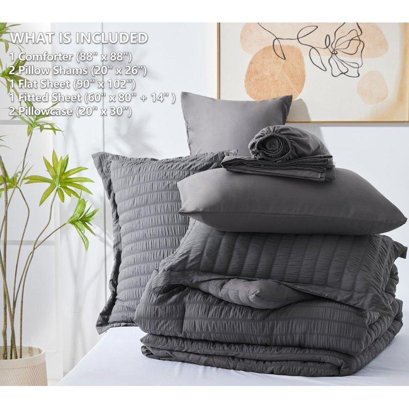 JUSTLET Queen Seersucker Comforter Set With Sheets Dark Grey Bed In A Bag 7-Pieces All Season Bedding Sets With Comforter Pillow Sham Flat Sheet Fitted Sheet Pillowcase