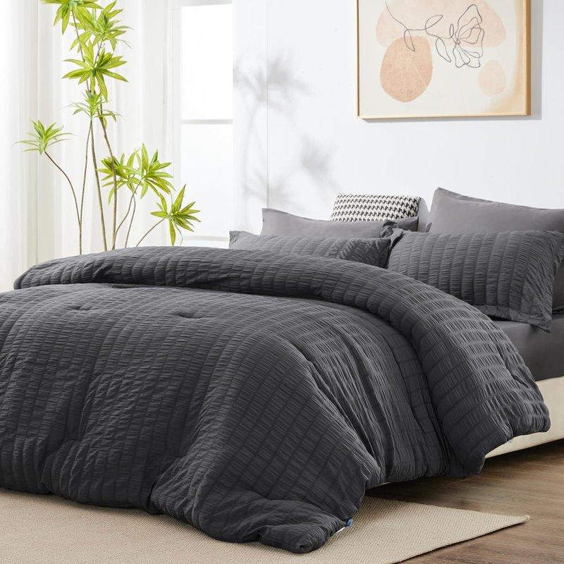 JUSTLET Queen Seersucker Comforter Set With Sheets Dark Grey Bed In A Bag 7-Pieces All Season Bedding Sets With Comforter Pillow Sham Flat Sheet Fitted Sheet Pillowcase
