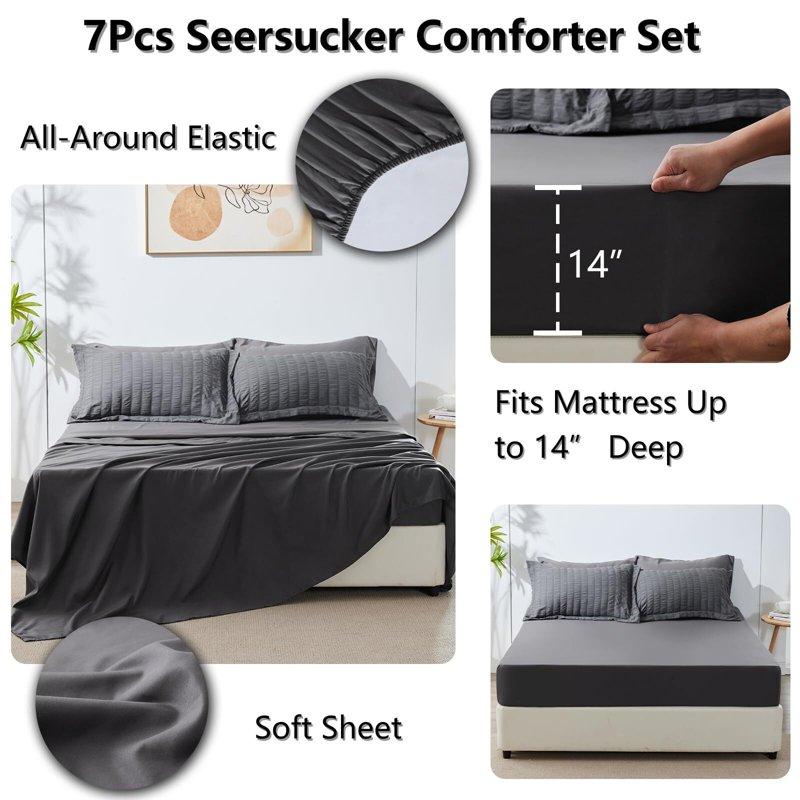 JUSTLET Queen Seersucker Comforter Set With Sheets Dark Grey Bed In A Bag 7-Pieces All Season Bedding Sets With Comforter Pillow Sham Flat Sheet Fitted Sheet Pillowcase
