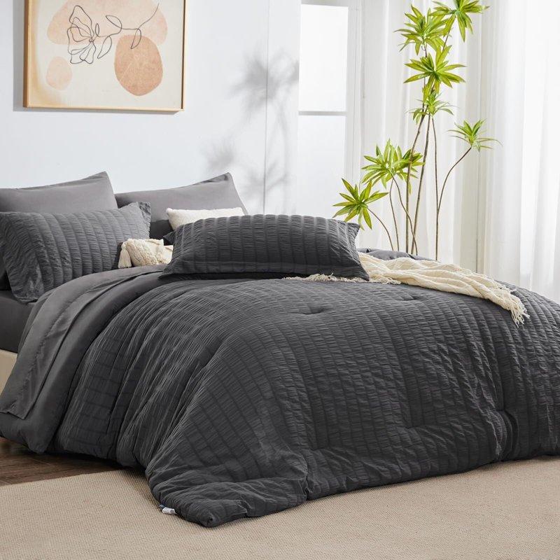 JUSTLET Queen Seersucker Comforter Set with Sheets Dark Grey Bed in a Bag 7-Pieces All Season Bedding Sets with Comforter Pillow Sham Flat Sheet Fitted Sheet Pillowcase
