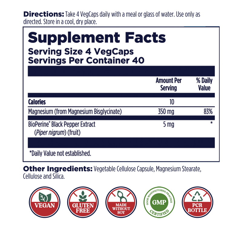 KAL Magnesium Glycinate High Absorption Healthy Relaxation Muscle Function & Bone Support New & Improved 160 VegCaps