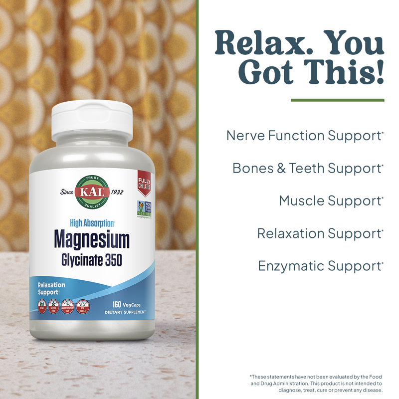 KAL Magnesium Glycinate High Absorption Healthy Relaxation Muscle Function & Bone Support New & Improved 160 VegCaps