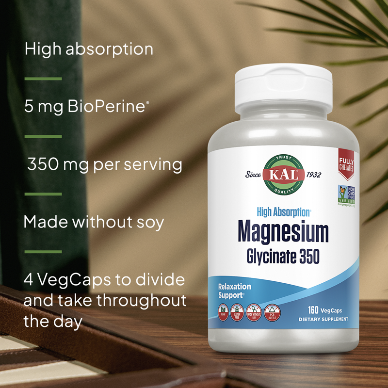 KAL Magnesium Glycinate High Absorption Healthy Relaxation Muscle Function & Bone Support New & Improved 160 VegCaps