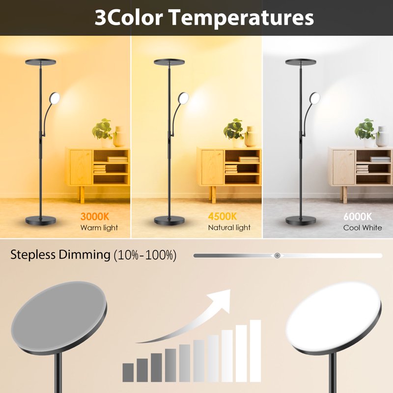 Kapwan Floor Lamps For Living Room LED Torchiere Floor Lamp With Reading Light 3 Colors Temperature Dimmable Standing Lamps With Remote Touch Control (Modern Black) ﻿