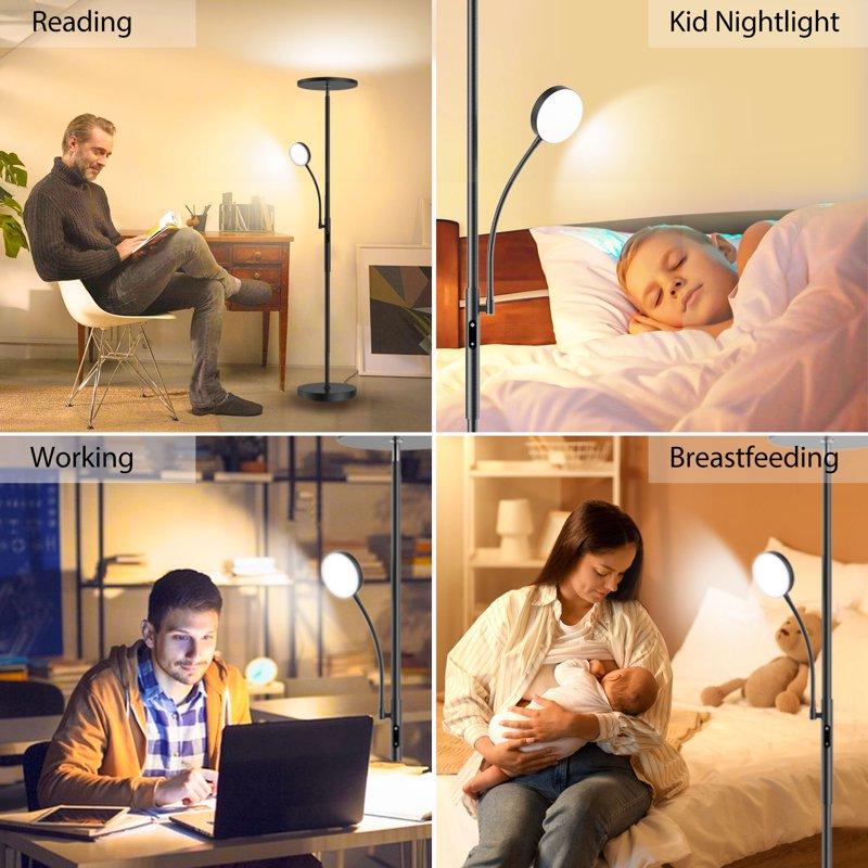 Kapwan Floor Lamps For Living Room LED Torchiere Floor Lamp With Reading Light 3 Colors Temperature Dimmable Standing Lamps With Remote Touch Control (Modern Black) ﻿