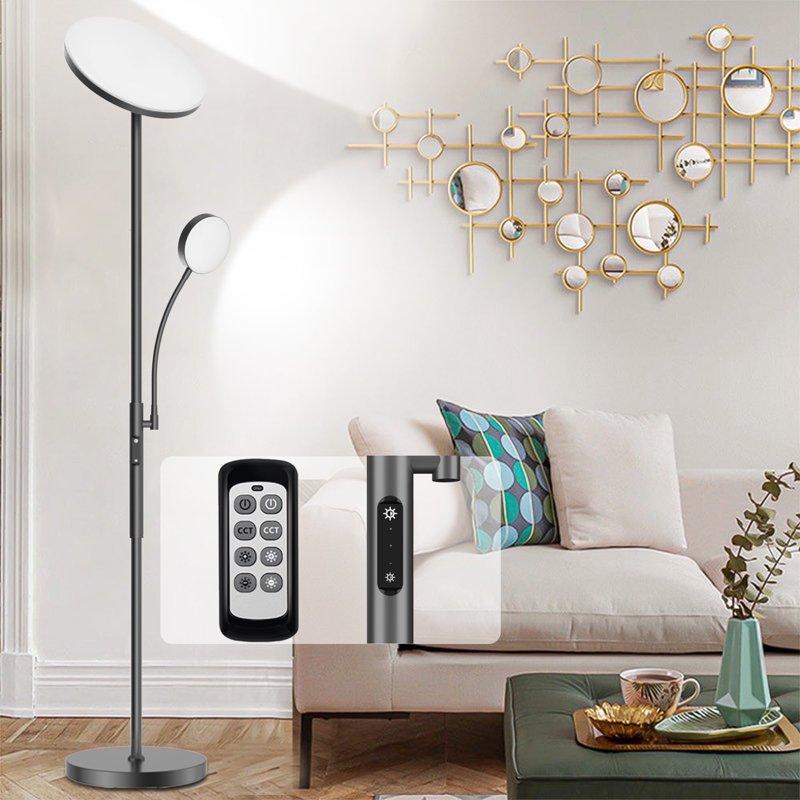 Kapwan Floor Lamps for Living Room LED Torchiere Floor Lamp with Reading Light 3 Colors Temperature Dimmable Standing Lamps with Remote Touch Control (Modern Black) ﻿