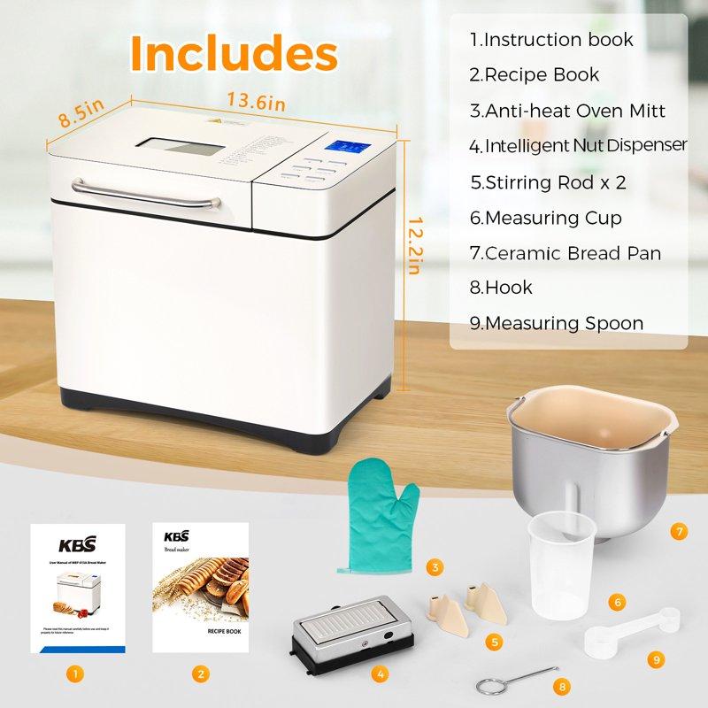 KBS 19-in-1 2LB Bread Maker Machine With Dual Heaters& Auto Nut Dispenser Ceramic Pan With 2 Kneading Paddle 15 Hour Delay Timer&1 Hour Keep Warm Model#013A
