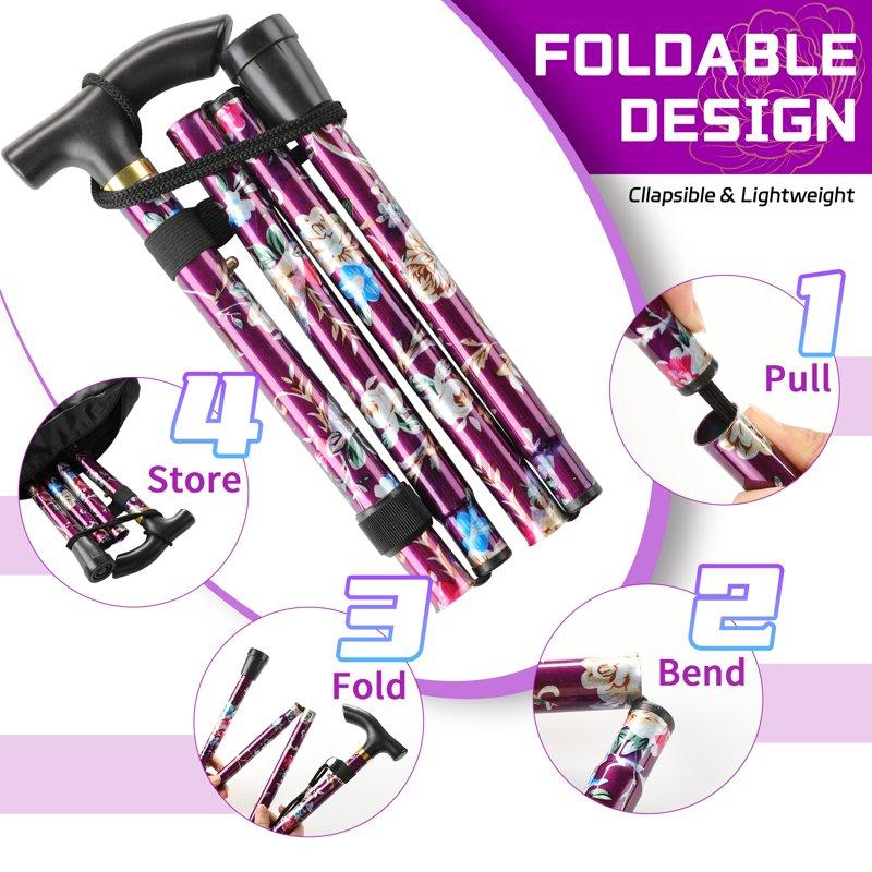 KEKOY Walking Cane For Women 34" To 37" Height Adjustable Walking Stick Portable T-Handle Folding Cane With 2 Replaceable Cane Tips Mobility & Daily Living Aids