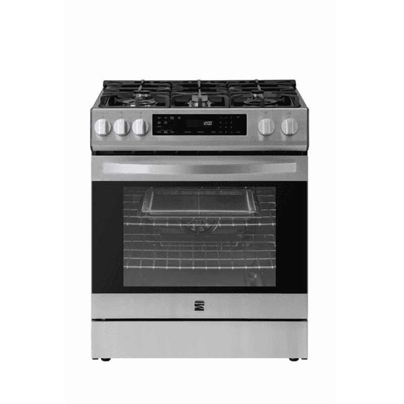 Kenmore 22-76843 5.6 cu. ft. Front-Control 5 Burner Convection Gas Range with Oven Storage Drawer Large Window Dishwasher Safe Cast Iron Grates