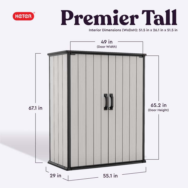 Keter Premier Tall Vertical Durable Resin Outdoor Storage Shed With Floor And Locking Double Doors Grey
