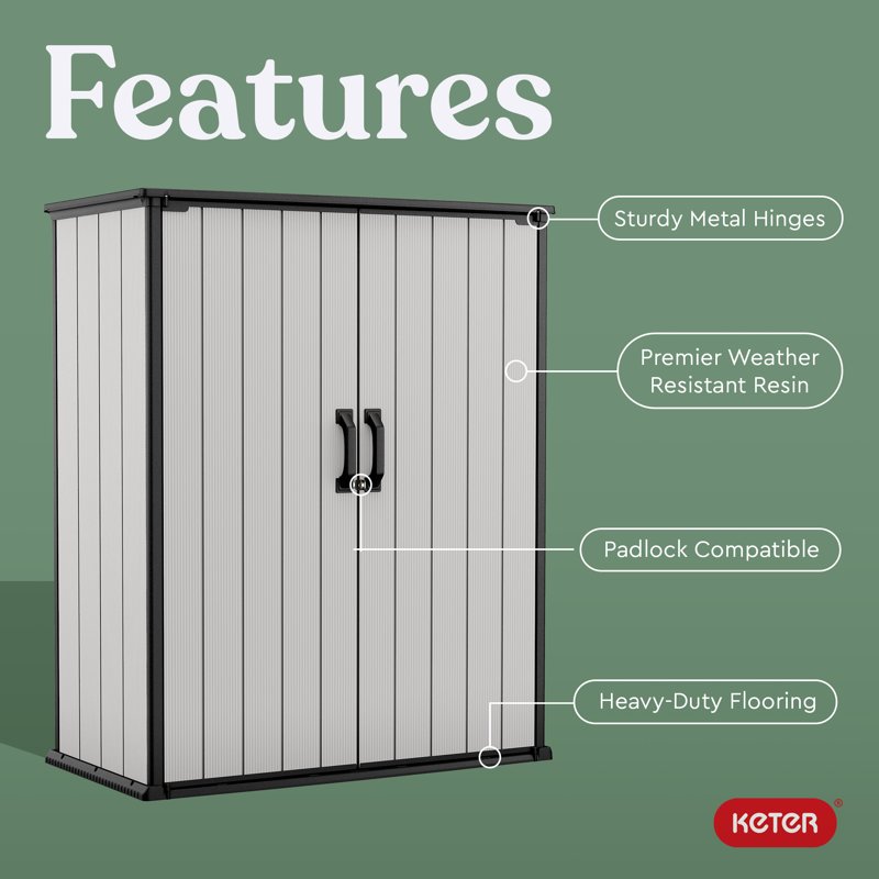 Keter Premier Tall Vertical Durable Resin Outdoor Storage Shed With Floor And Locking Double Doors Grey