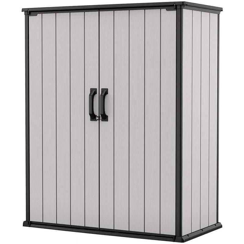 Keter Premier Tall Vertical Durable Resin Outdoor Storage Shed With Floor and Locking Double Doors Grey