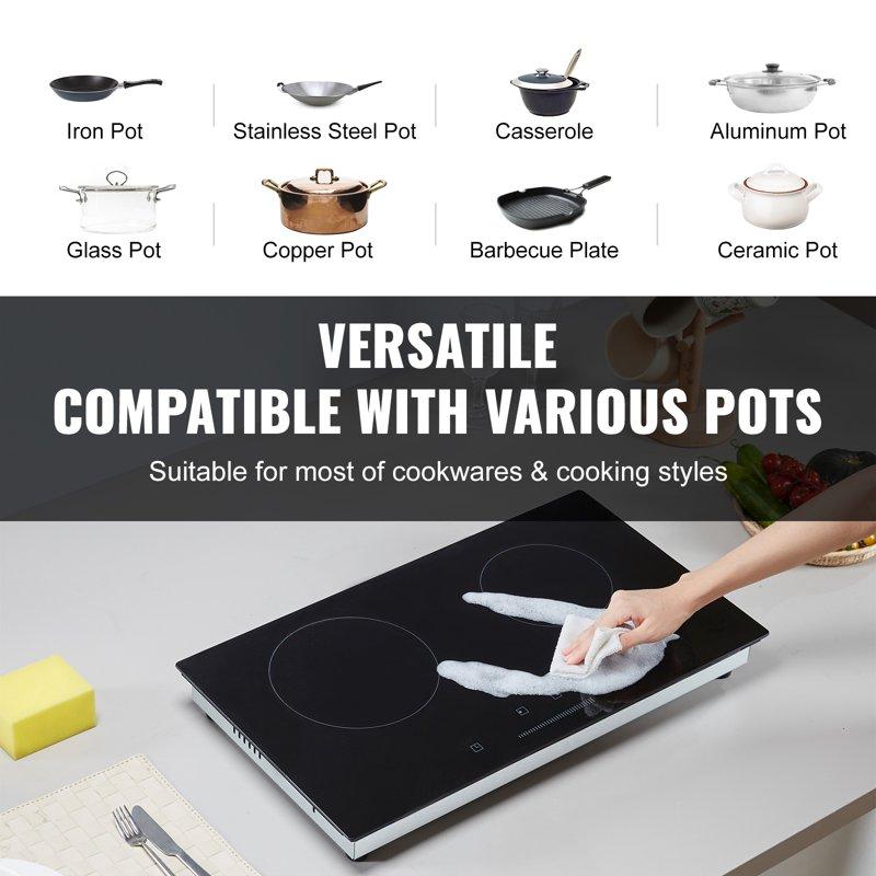 KFFKFF 24" Electric Cooktop 2 Burner Built-in Ceramic Cooktop1800W With Touch Controls Glass Panel Timer Safety Lock 9 Temperature Settings Heat Warning Light 120V