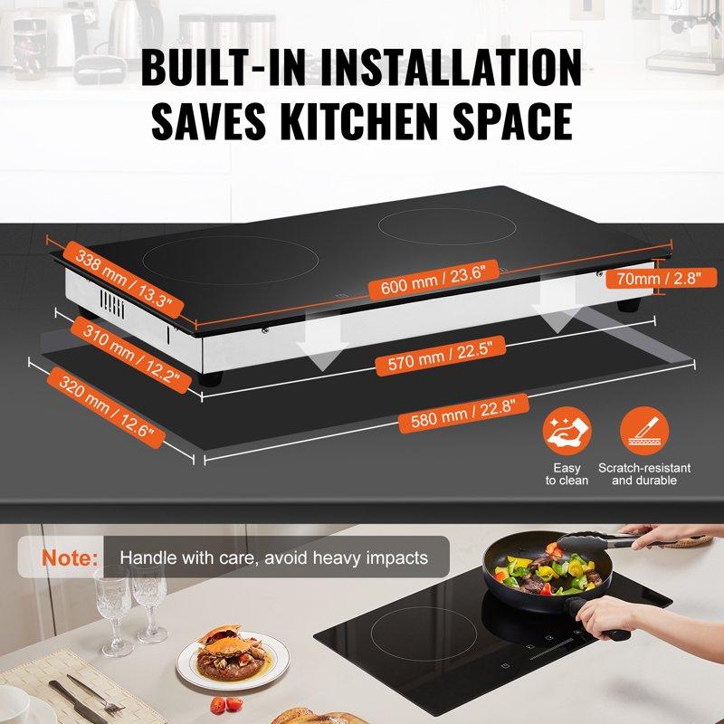 KFFKFF 24" Electric Cooktop 2 Burner Built-in Ceramic Cooktop1800W With Touch Controls Glass Panel Timer Safety Lock 9 Temperature Settings Heat Warning Light 120V