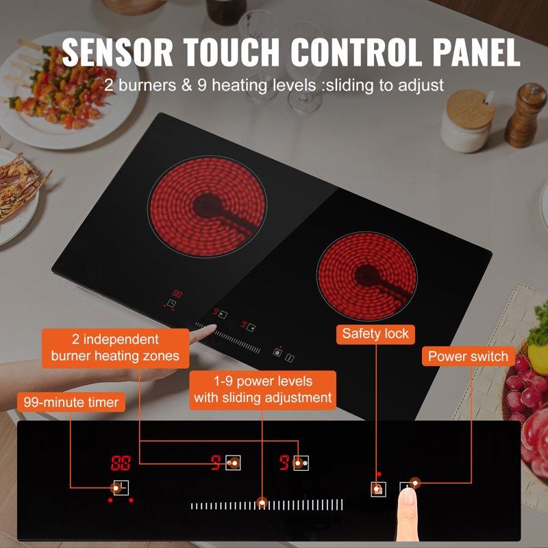 KFFKFF 24" Electric Cooktop 2 Burner Built-in Ceramic Cooktop1800W With Touch Controls Glass Panel Timer Safety Lock 9 Temperature Settings Heat Warning Light 120V