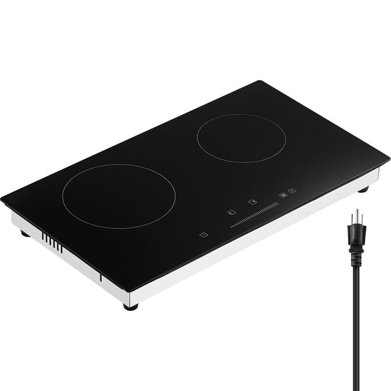 KFFKFF 24" Electric Cooktop 2 Burner Built-in Ceramic Cooktop1800W with Touch Controls Glass Panel Timer Safety Lock 9 Temperature Settings Heat Warning Light 120V