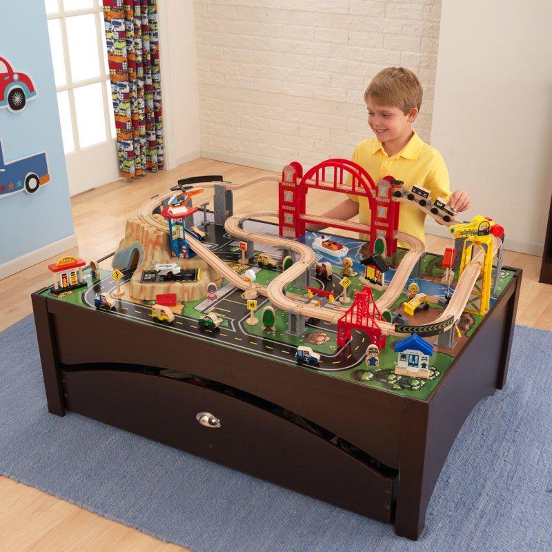 KidKraft Metropolis Wooden Train Set & Table With 100 Pieces And Storage Drawer Espresso