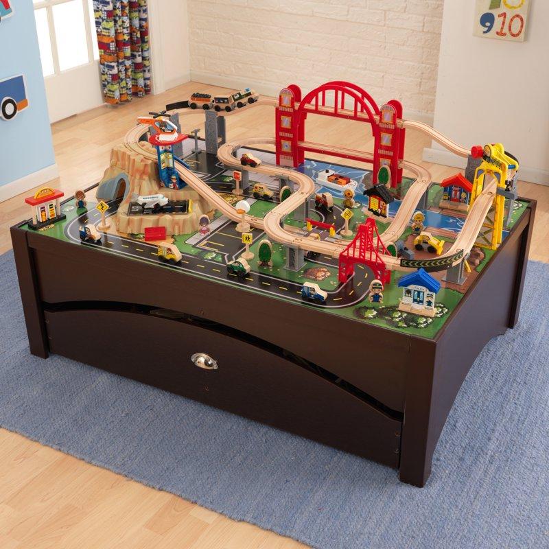 KidKraft Metropolis Wooden Train Set & Table With 100 Pieces And Storage Drawer Espresso