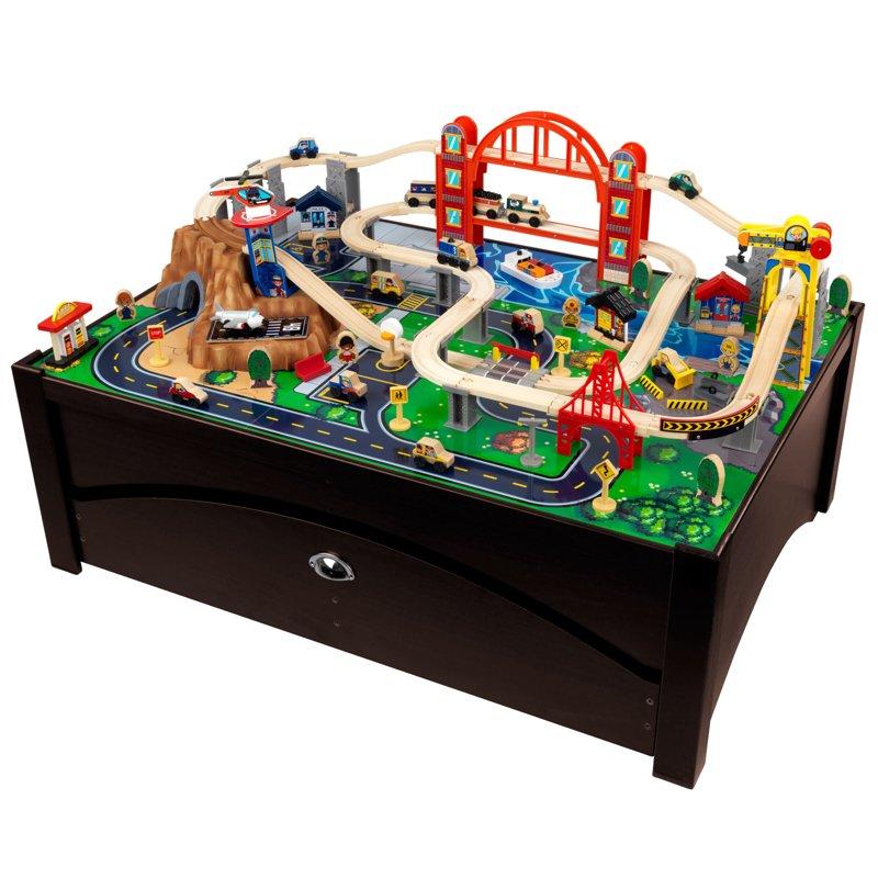 KidKraft Metropolis Wooden Train Set & Table with 100 Pieces and Storage Drawer Espresso