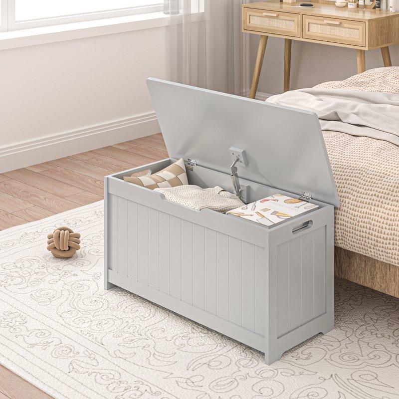 Kids Toy Box Gray Wooden Toy Chest Organizer With Safety Hinged Lid Entryway Storage Bench Supports 100 Lbs Toy Storage Chest For Bedroom Toddler Room L0293